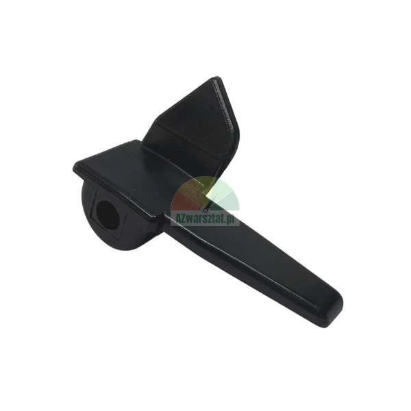 Black plastic latch or lever replacement part for home appliance on white background