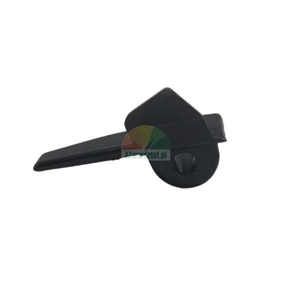 Small black plastic mounting clip with a circular hole and a flat lever on a white background.