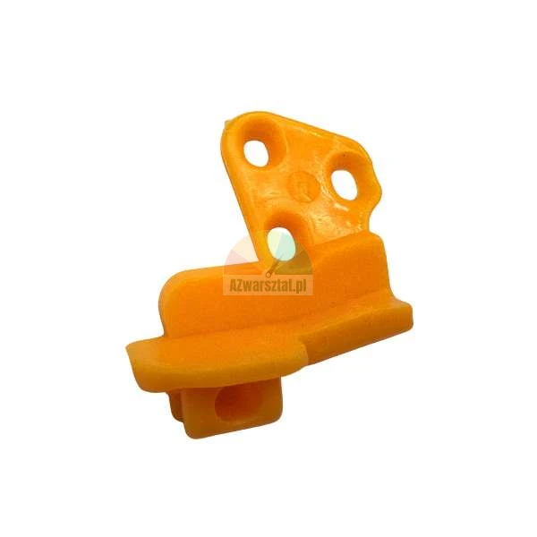 Orange plastic guide element with three mounting holes on a white background.