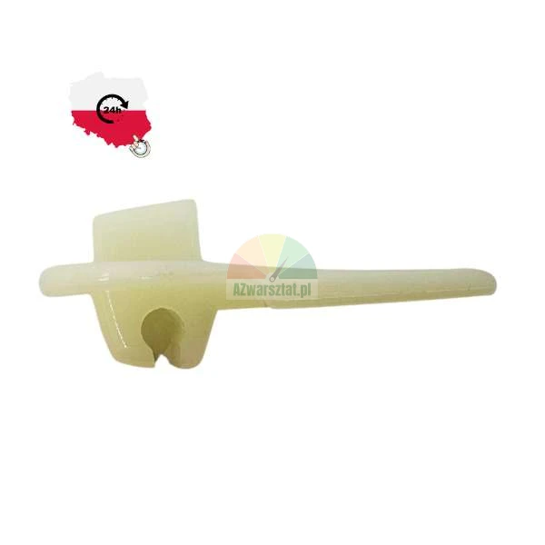 White plastic automotive clip, mounting fastener for interior trim components.