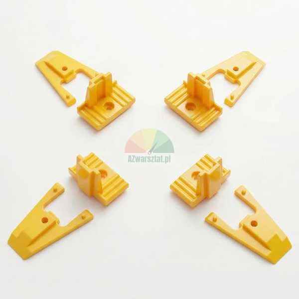 Set of four pairs of yellow plastic drawer mounting components on a white background.
