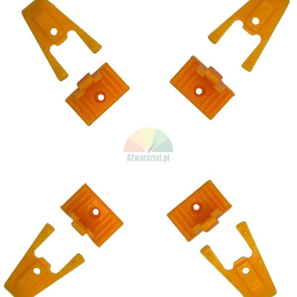 Four sets of orange plastic mounting brackets for furniture or mirrors, consisting of two parts each, shown on a white background.
