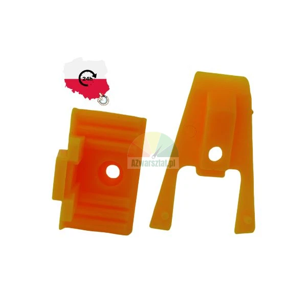 Two orange plastic furniture assembly components shown from different sides on a white background.