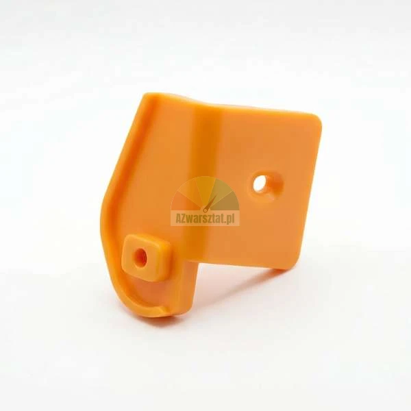 Orange plastic mounting component with screw holes on a white background.