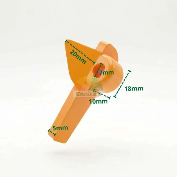 Orange plastic part with dimensions marked: 20mm, 18mm, 10mm, 7mm, and 5mm on a white background.