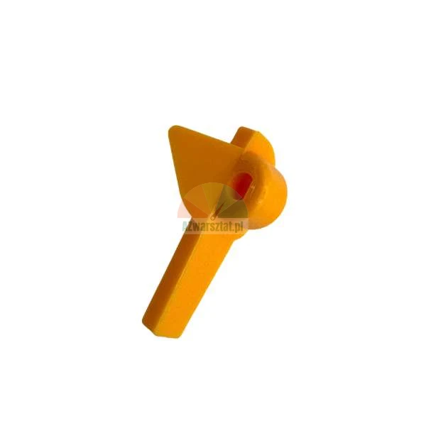 Small orange plastic component of irregular shape with a hole on a white background.