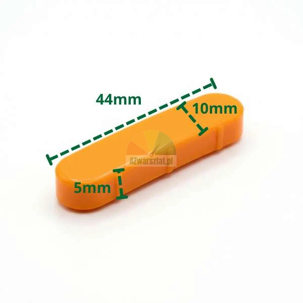 Orange plastic mounting foot cover with dimensions 44 mm by 10 mm