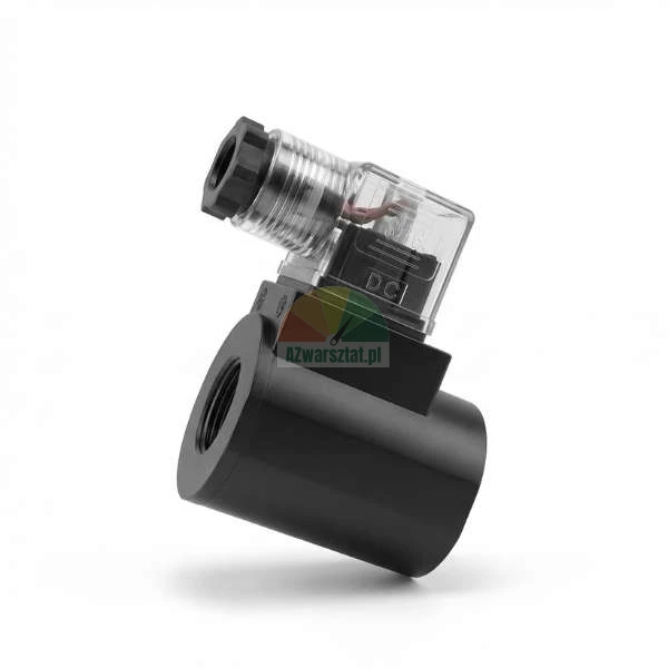 Black solenoid valve coil with transparent DIN plug and DC marking
