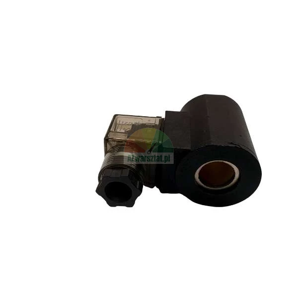 Black solenoid valve coil with electrical connector and central mounting hole.