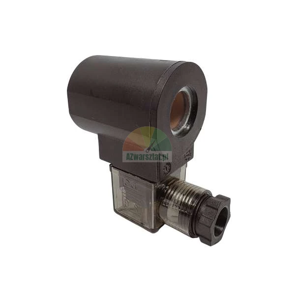 Solenoid valve coil with DIN connector and cable gland on a white background