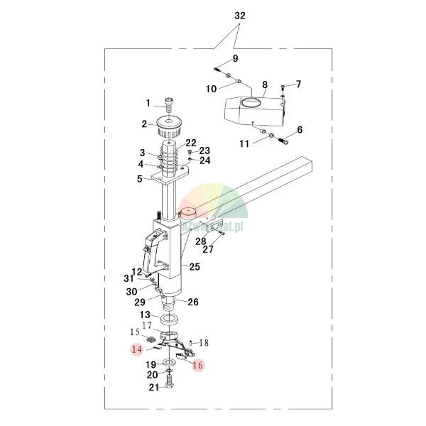 Exploded view diagram of a tire changer mounting arm assembly with numbered parts from 1 to 32.