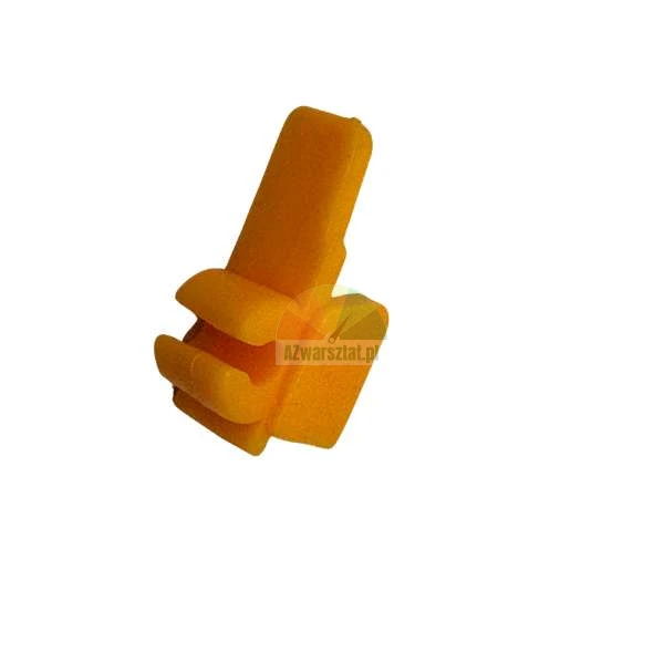 Orange plastic mounting clip with an irregular shape on a white background.