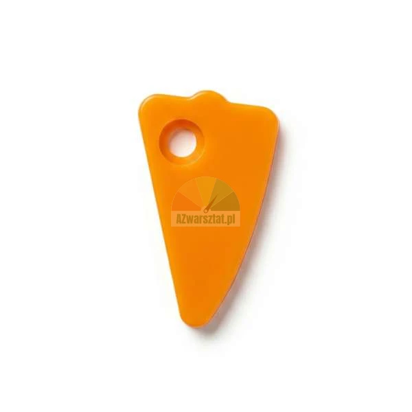 Orange plastic scraper tool with a triangular shape and a hole on a white background.