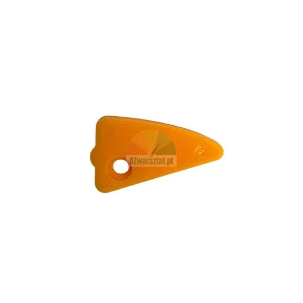 Orange plastic surf wax scraper tool with a rounded hole, isolated on a white background.
