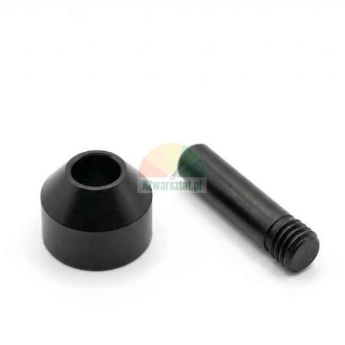 Black tire changer mounting head guide roller with threaded pin on a white background.