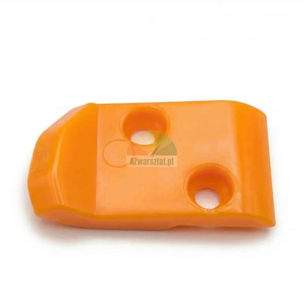 Orange plastic chain slider for motorcycle swingarm with two mounting holes.