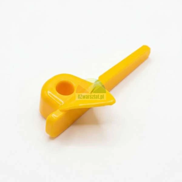 Yellow plastic mounting element with a hole on a white background