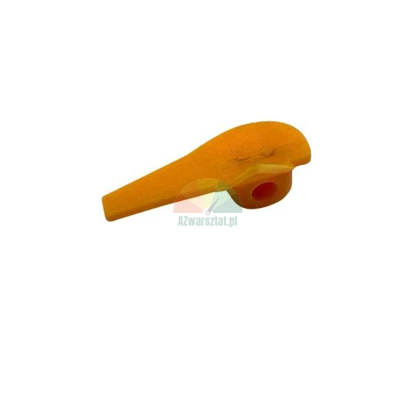Small orange plastic lever-shaped component with a mounting hole on a white background.