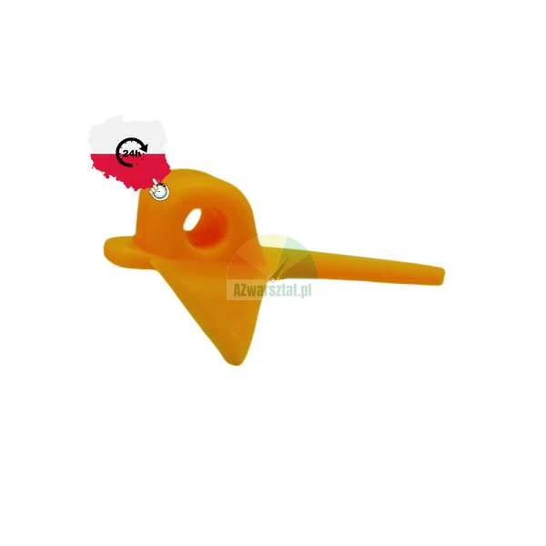 Orange plastic livestock ear tag component with a hole and a spike