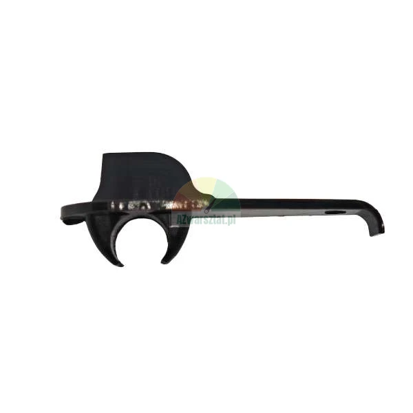 Black plastic component of a trigger or lever assembly isolated on a white background.