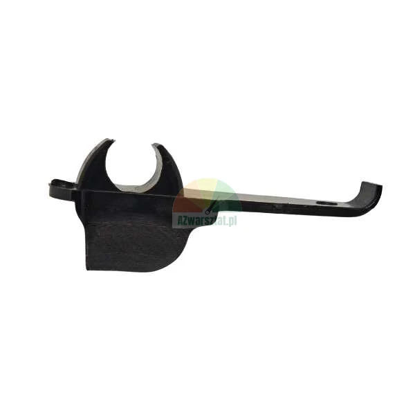 Black plastic mounting element with a clip and lever on a white background
