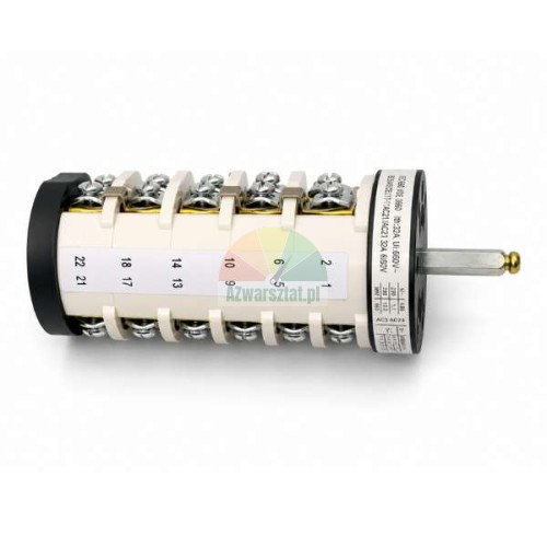 White rotary cam switch, 2-speed rotary selector with visible screw terminals and numbering.