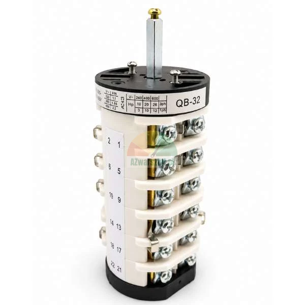 Cam switch QB-32, multi-stage industrial rotary switch with screw terminals on a white background.