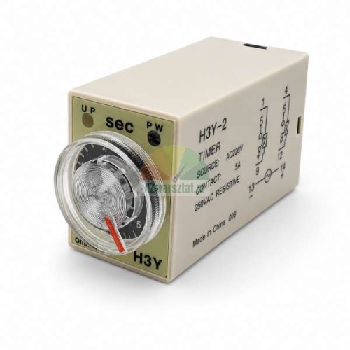 H3Y-2 AC 220V timer relay with 5-second range and 8 pins, featuring a transparent adjustment knob and wiring diagram.