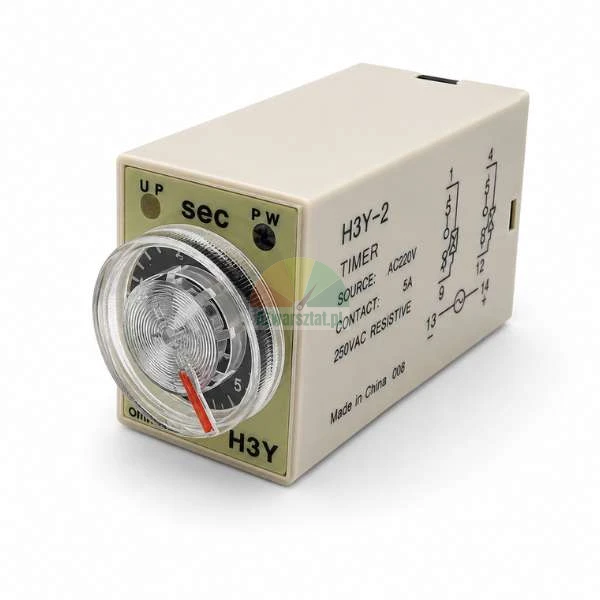 H3Y-2 AC 220V timer relay with 5-second range and 8 pins, featuring a transparent adjustment knob and wiring diagram.