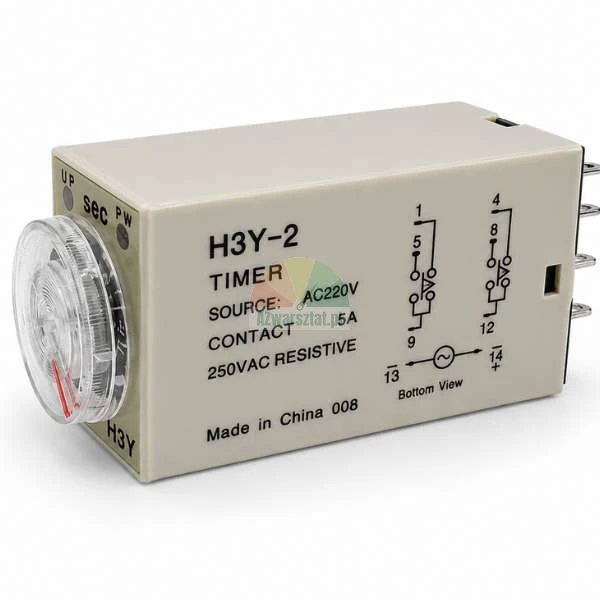 H3Y-2 AC 220V time delay relay with a transparent adjustment dial and a wiring diagram on the side.