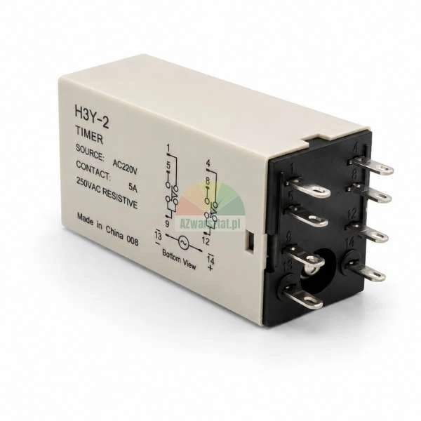 H3Y-2 timer relay for AC220V with connection diagram on the side and 8 pins on the back.