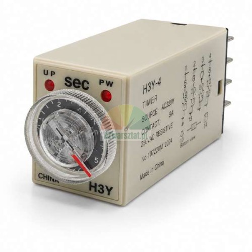 H3Y-4 time relay, 220V AC, 5-second range, 14-pin plug-in timer with adjustable dial and LED indicators.