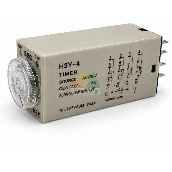 H3Y-4 timer relay featuring a transparent adjustment dial, AC 220V power specifications, and a wiring diagram on the side.