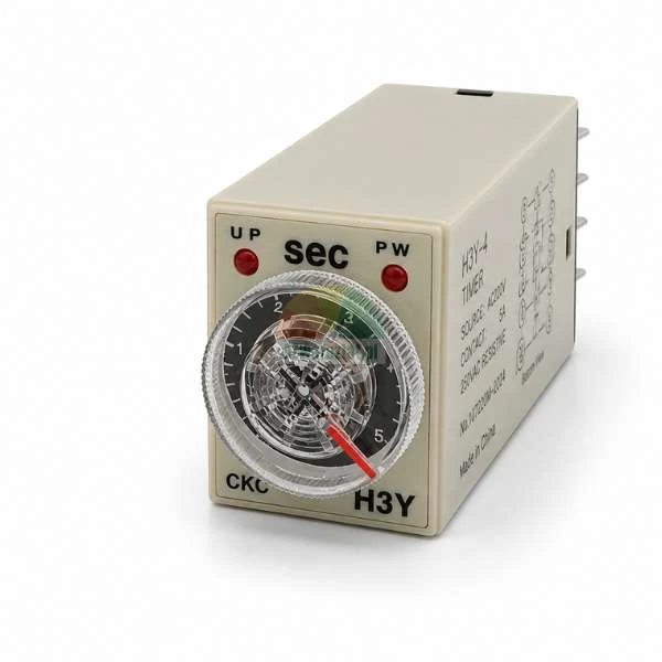 Industrial analog timer relay H3Y-4 with a clear adjustable dial scaled in seconds, featuring power and status LEDs on a beige plastic body.