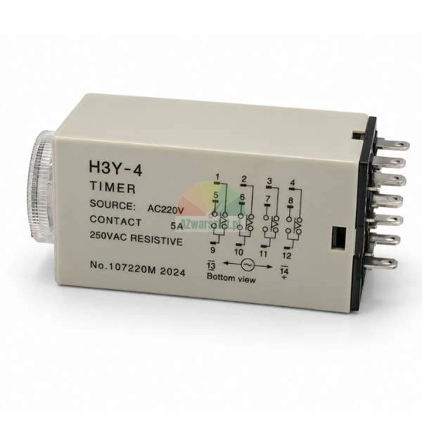 H3Y-4 electronic timer relay with AC 220V power source, wiring diagram, adjustment knob and connection pins on white background.