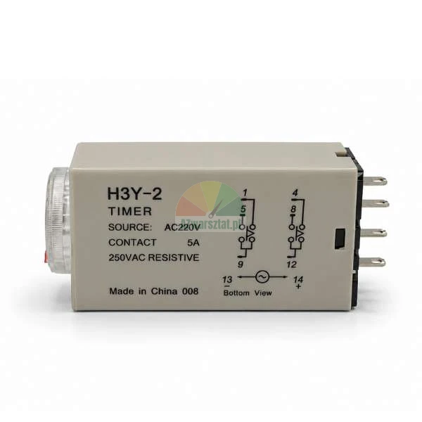 H3Y-2 timer relay, 220V AC source, 5A resistive contact, side view with technical diagram.