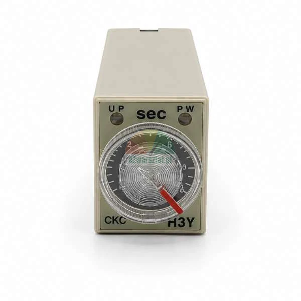 CKC H3Y analog timer relay with a dial scale from 0 to 10 seconds and LED indicators for UP and PW.