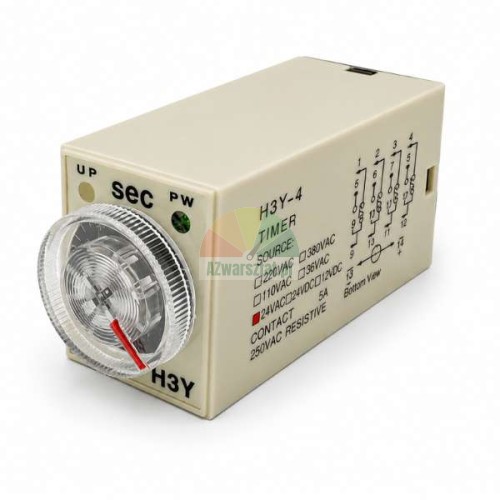H3Y-4 time relay AC 24V with a 5-second range, 14-pin, featuring an adjustment dial and wiring diagram on the side.