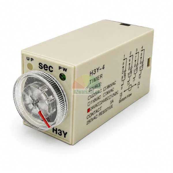 H3Y-4 time relay AC 24V with a 5-second range, 14-pin, featuring an adjustment dial and wiring diagram on the side.