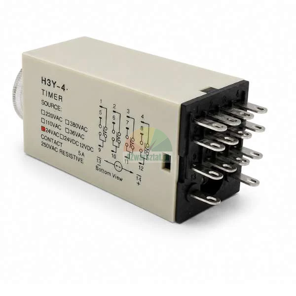 H3Y-4 timer relay with visible wiring diagram and pins on a light beige housing.