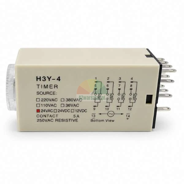 H3Y-4 electronic timer relay with 24VAC source and wiring diagram on the beige housing.