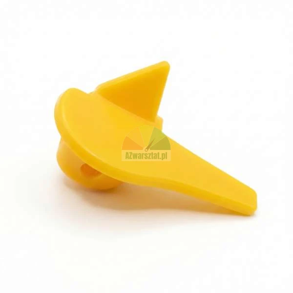Yellow plastic lever component for machinery or tools on a white background.