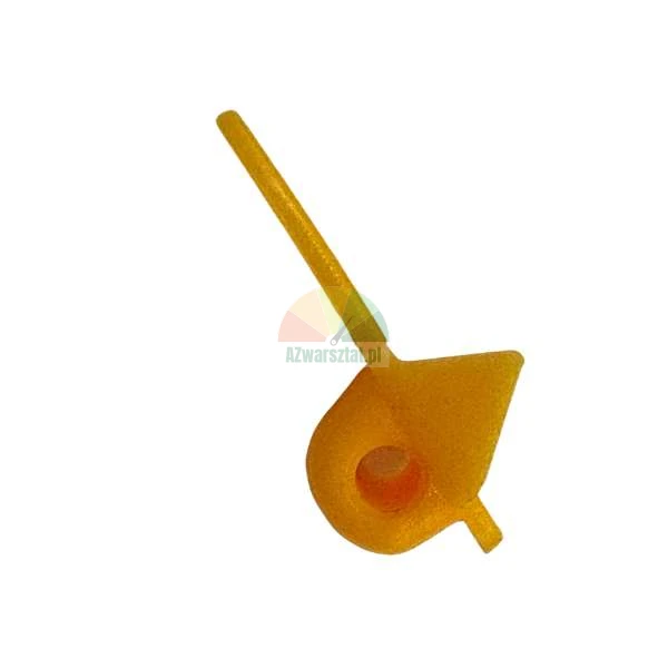 Orange plastic element of irregular shape with a thin protrusion and a hole.