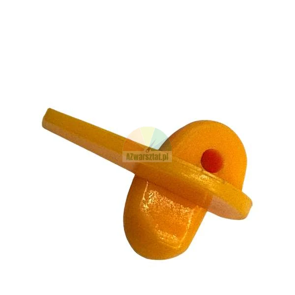 Orange T-shaped plastic fastening element with a hole on a white background.