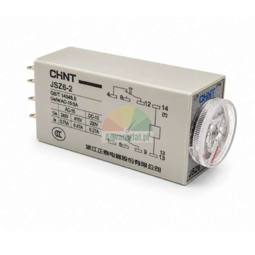 CHNT JSZ6-2 time relay, DC 24V, 10s, 8 PIN, grey body with adjustment dial and wiring diagram.