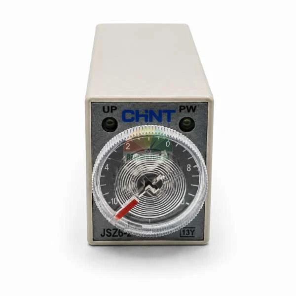 CHINT JSZ6-2 industrial time relay with adjustable dial, grey housing, and LED status indicators.