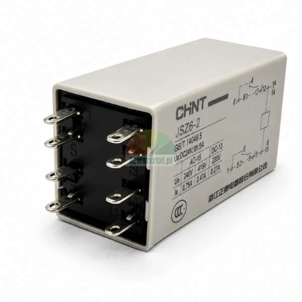 CHNT JSZ6-2 time relay with eight metal pins and technical specification diagram on the side.