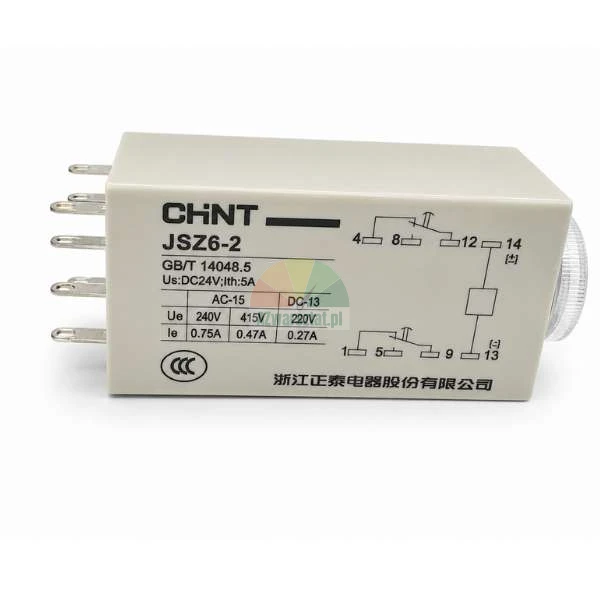 CHNT JSZ6-2 time relay with visible electrical diagram and connection pins on a white background.