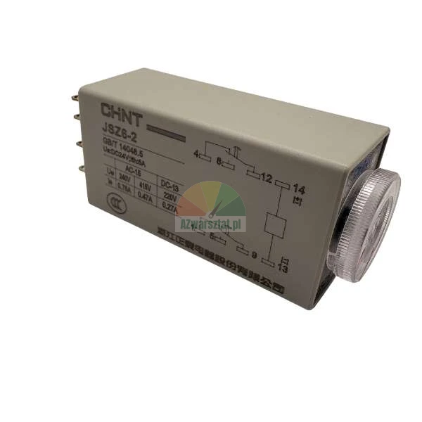 CHNT JSZ6-2 time relay in a grey housing with a transparent adjustment dial and wiring diagram on the side