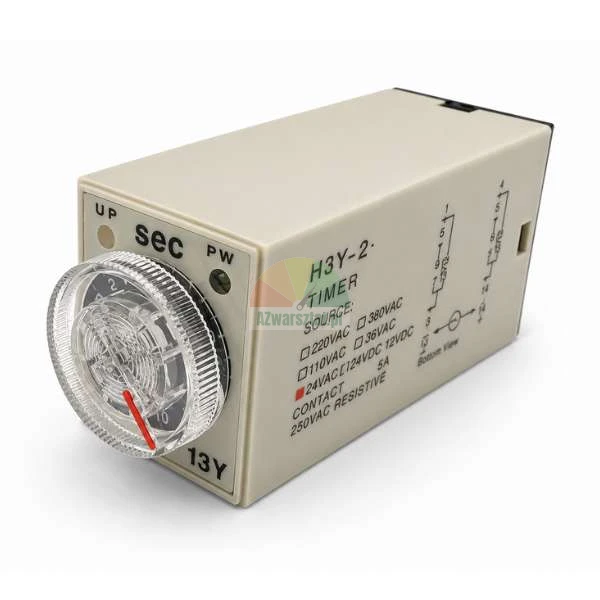 H3Y-2 time relay AC 24V with a 10-second adjustment dial and wiring diagram on the side.
